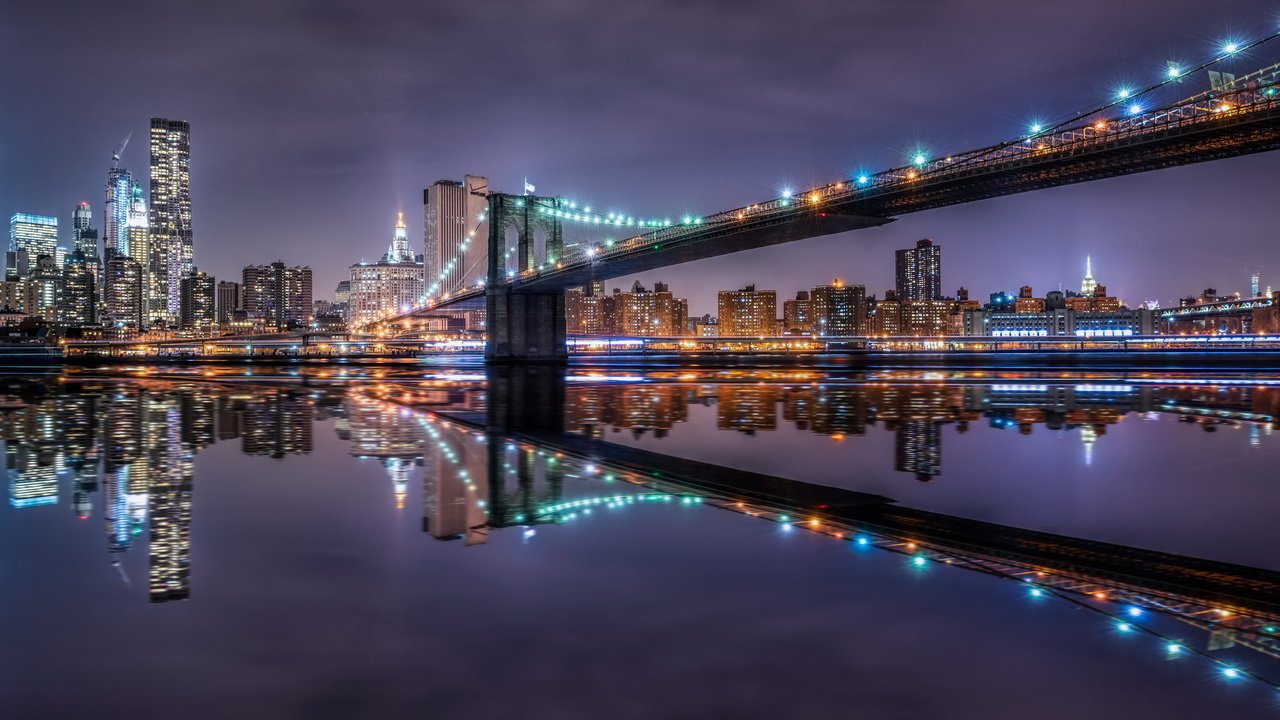 Обои ночь, город, сша, нью-йорк, бруклинский мост, night, the city, usa, new york, brooklyn bridge разрешение 2048x1152 Загрузить