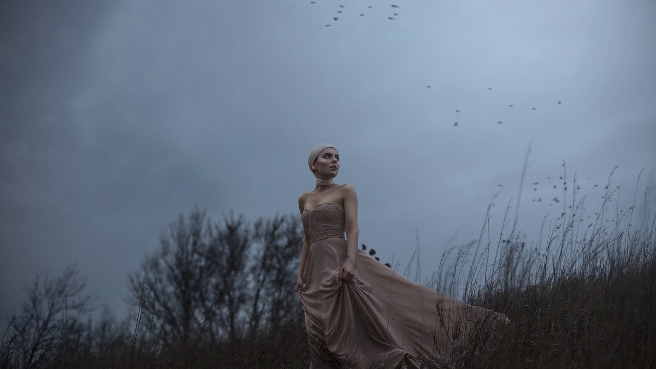 Обои девушка, платье, птицы, ветер, aleah michele, the side of a dying hill, girl, dress, birds, the wind разрешение 2048x1365 Загрузить