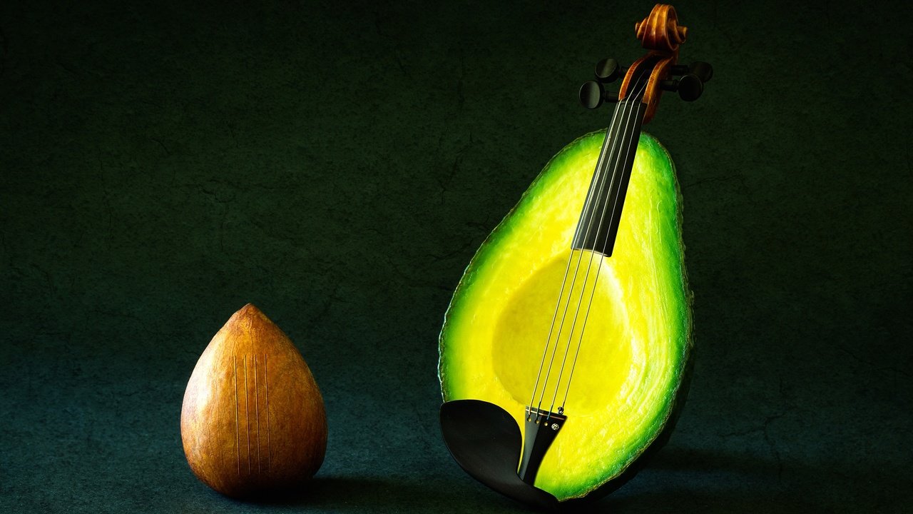 Обои фон, скрипка, фрукты, фантазия, струны, авокадо, background, violin, fruit, fantasy, strings, avocado разрешение 2500x1787 Загрузить