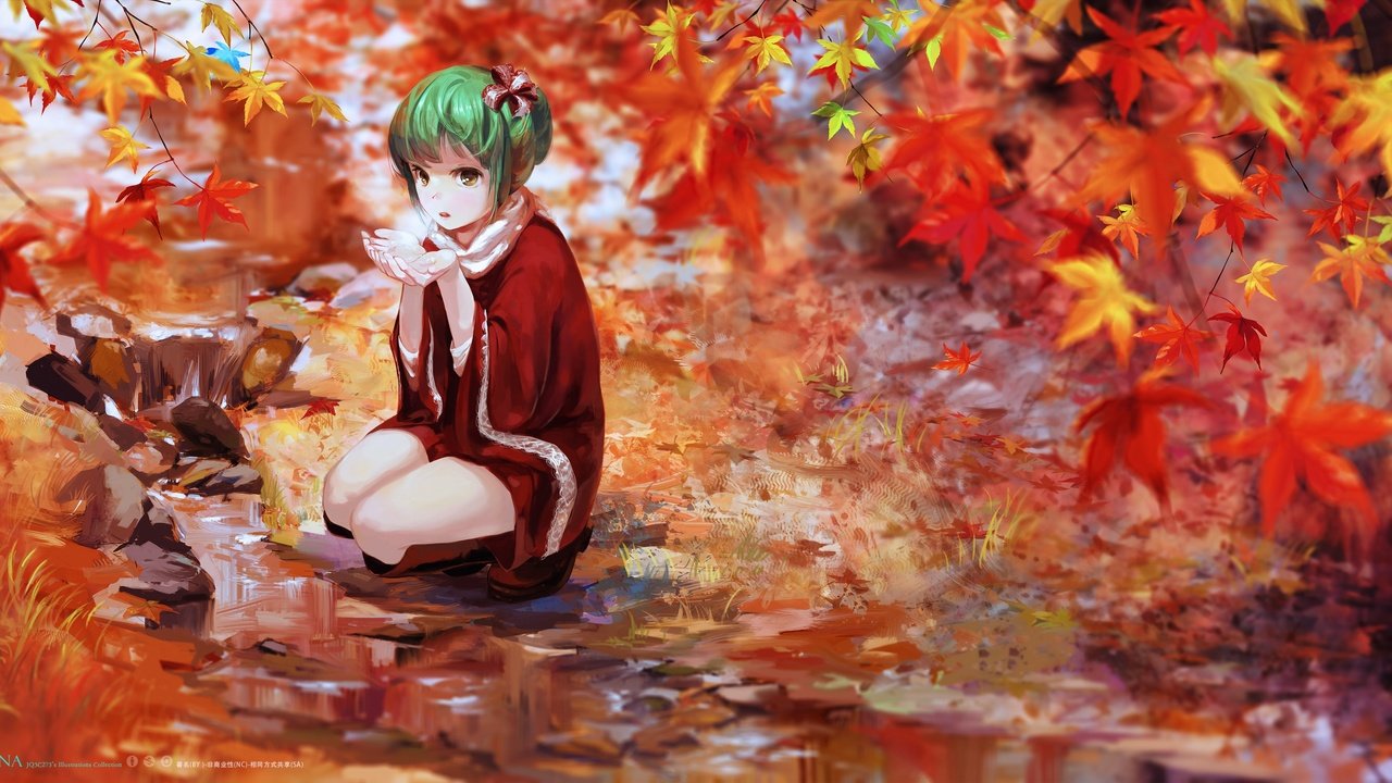 Обои листья, осень, kagiyama hina, зеленые волосы, тохо, leaves, autumn, green hair, touhou разрешение 3600x1800 Загрузить