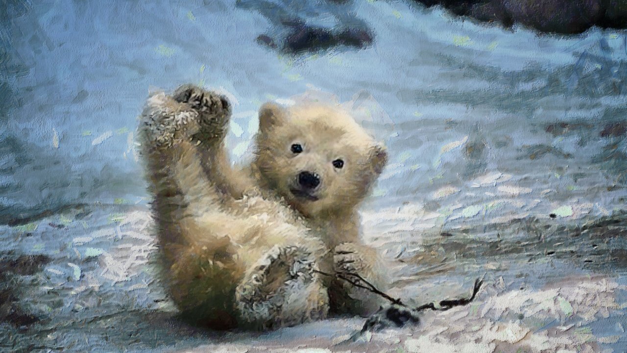 Обои арт, зима, медведь, живопись, медвежонок, art, winter, bear, painting разрешение 2880x1800 Загрузить