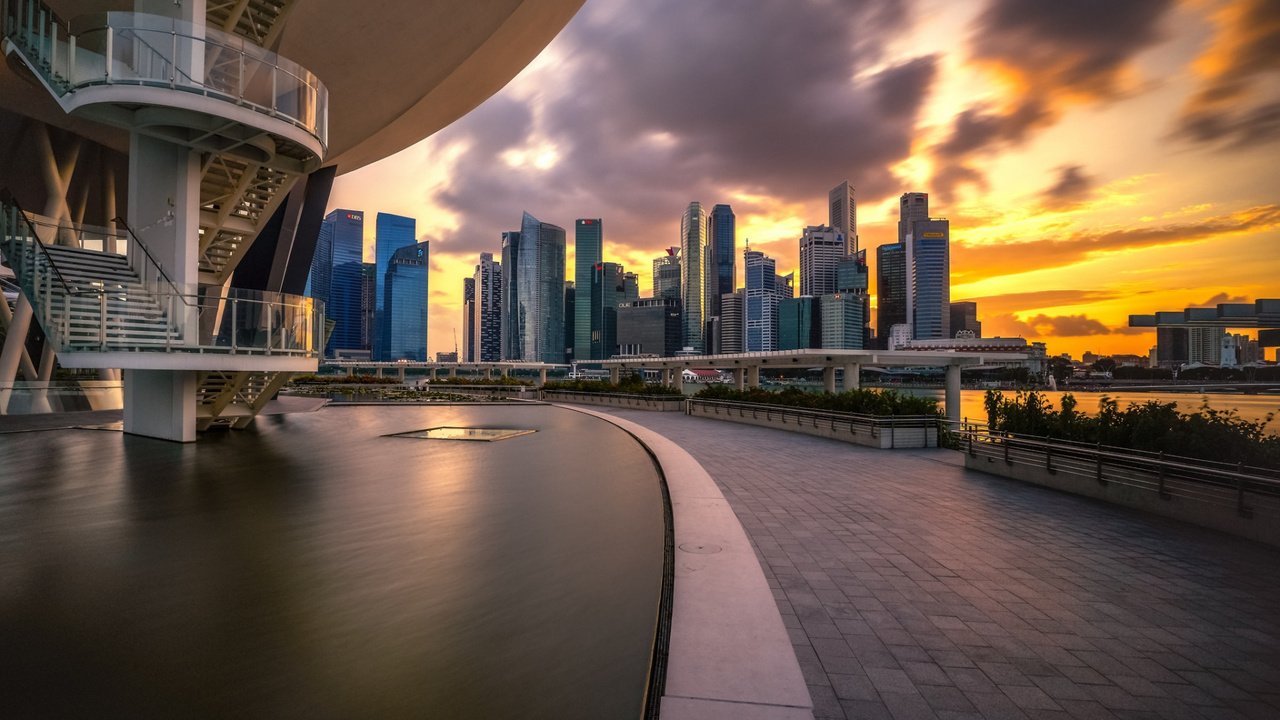 Обои закат, мегаполис, сингапур, марина бей, sunset, megapolis, singapore, marina bay разрешение 1920x1080 Загрузить