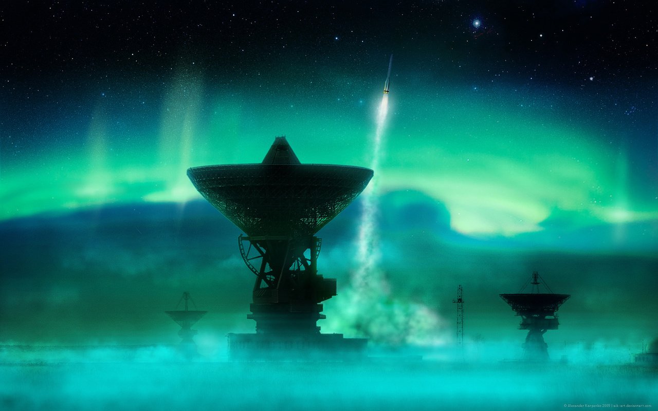 Обои северное сияние, ракета, антенна, northern lights, rocket, antenna разрешение 1920x1200 Загрузить