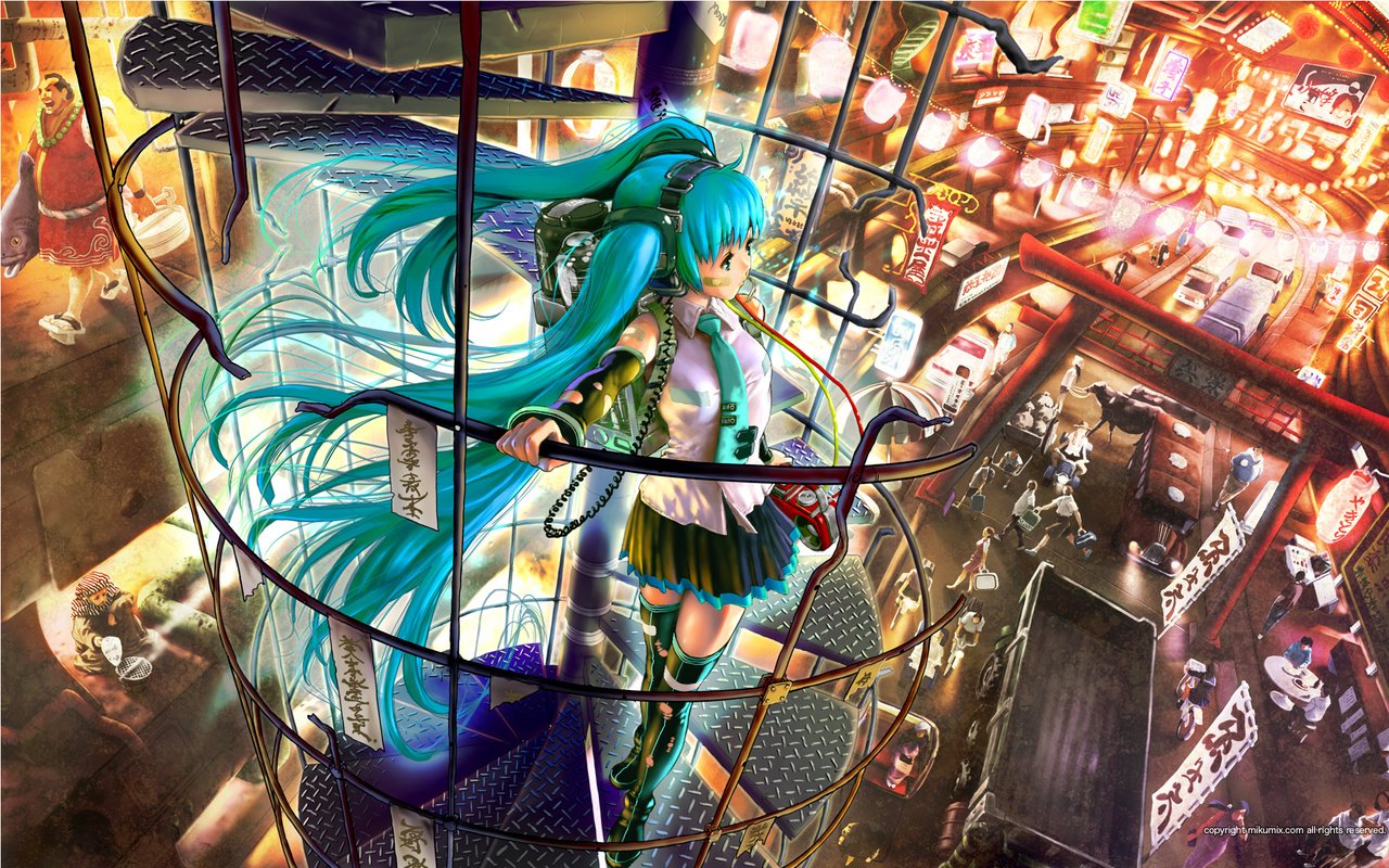 Обои лестница, город, вокалоид, мику хацунэ, ladder, the city, vocaloid, hatsune miku разрешение 1920x1200 Загрузить