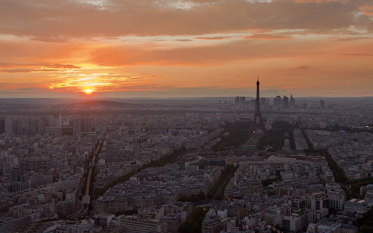 Обои закат, париж, эйфелева башня, вид с высоты, sunset, paris, eiffel tower, the разрешение 1920x1080 Загрузить