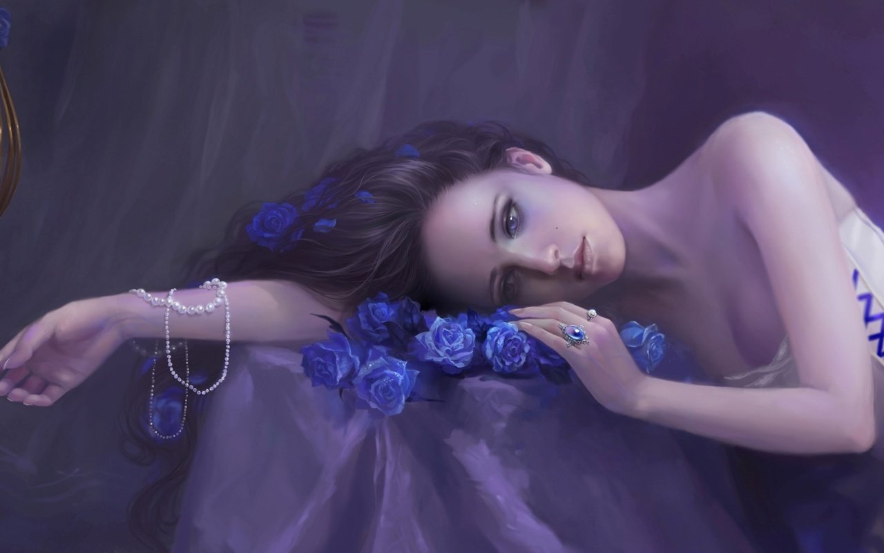 Обои арт, рука, девушка, розы, лежит, бусы, синие, клетка, art, hand, girl, roses, lies, beads, blue, cell разрешение 2265x1135 Загрузить