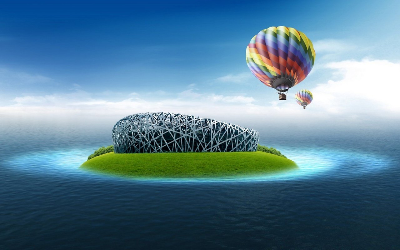 Обои воздушный шар над островом, balloon over the island разрешение 2560x1440 Загрузить