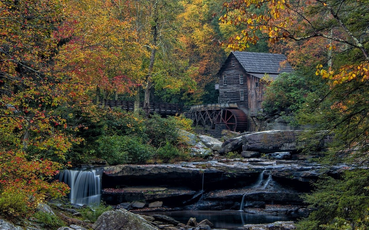 Обои мельница в осеннем лесу, mill in autumn forest разрешение 2560x1440 Загрузить