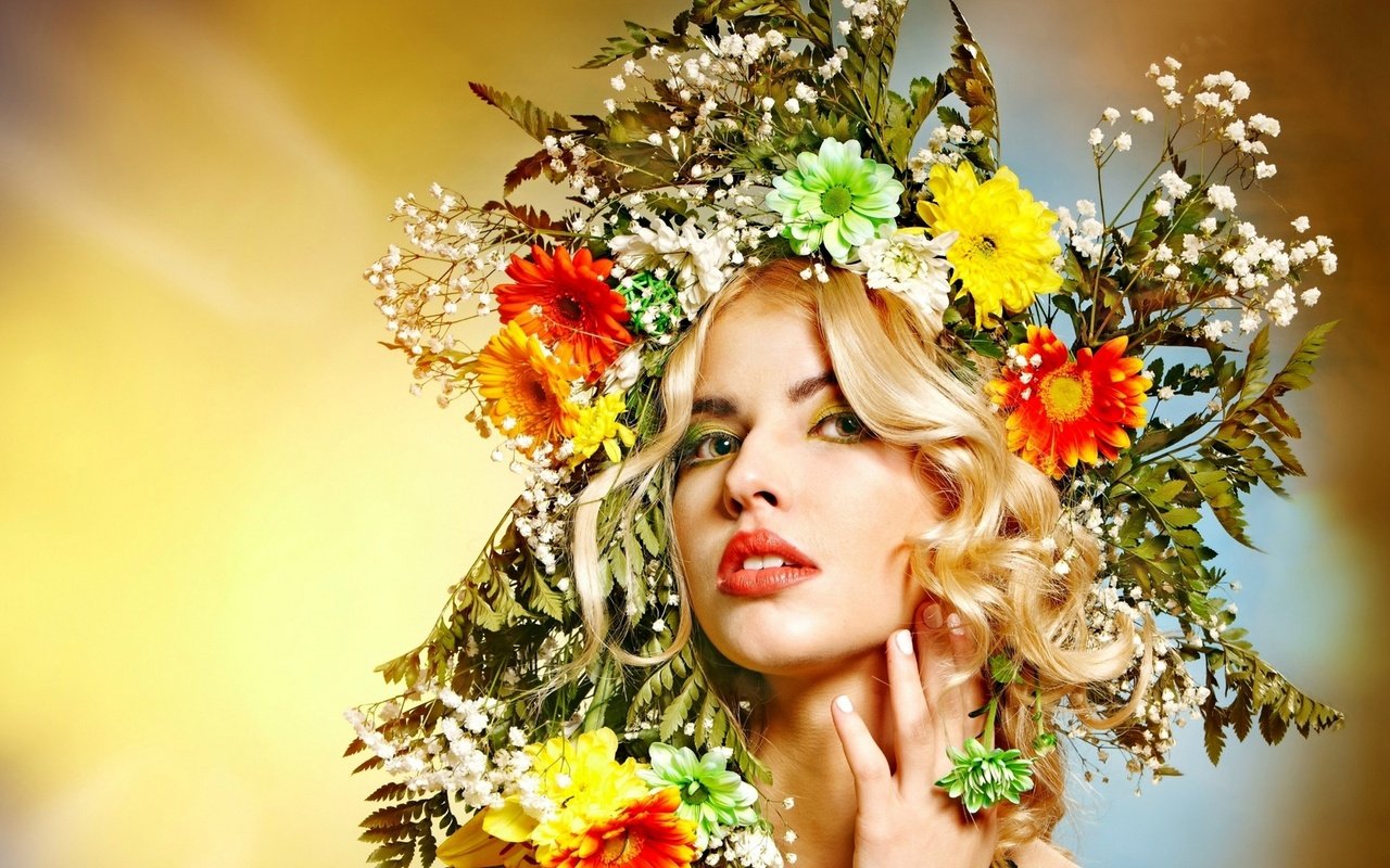 Обои цветы, девушка, блондинка, лицо, венок, flowers, girl, blonde, face, wreath разрешение 1920x1200 Загрузить