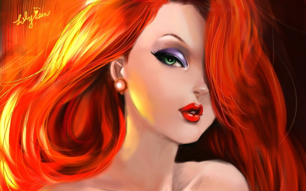 Обои арт, девушка, взгляд, зеленые глаза, макияж, jessica rabbit, рыжие волосы, art, girl, look, green eyes, makeup, red hair разрешение 2000x1672 Загрузить