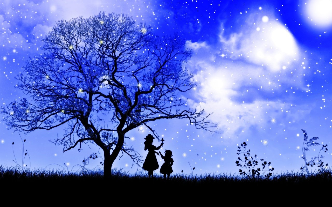 Обои небо, ребенок, трава, облака, ночь, дерево, девушка, звезды, ветки, the sky, child, grass, clouds, night, tree, girl, stars, branches разрешение 2560x1600 Загрузить