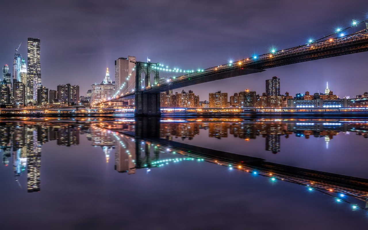 Обои ночь, город, сша, нью-йорк, бруклинский мост, night, the city, usa, new york, brooklyn bridge разрешение 2048x1152 Загрузить