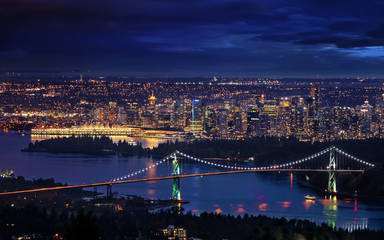 Обои ночь, мост, ванкувер, даунтаун, канада, мостики, night, bridge, vancouver, downtown, canada, bridges разрешение 3360x2100 Загрузить