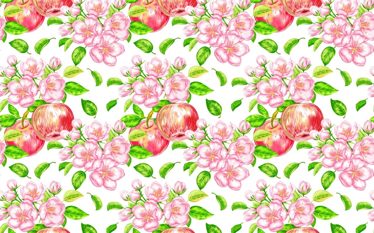 Обои цветы, узор, фрукты, яблоки, плоды, flowers, pattern, fruit, apples разрешение 1920x1280 Загрузить