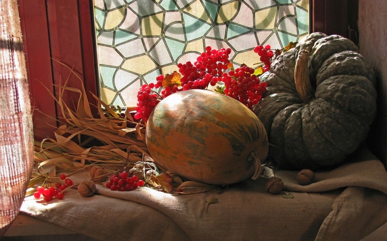 Обои свет, орехи, окно, тыквы, натюрморт, калина, light, nuts, window, pumpkin, still life, kalina разрешение 1920x1080 Загрузить