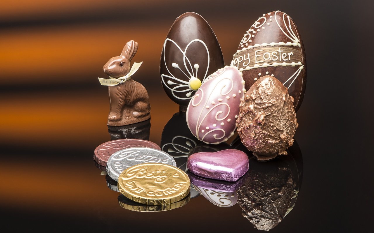 Обои отражение, конфеты, пасха, шоколад, монеты, заяц, яйцо, reflection, candy, easter, chocolate, coins, hare, egg разрешение 4000x2670 Загрузить