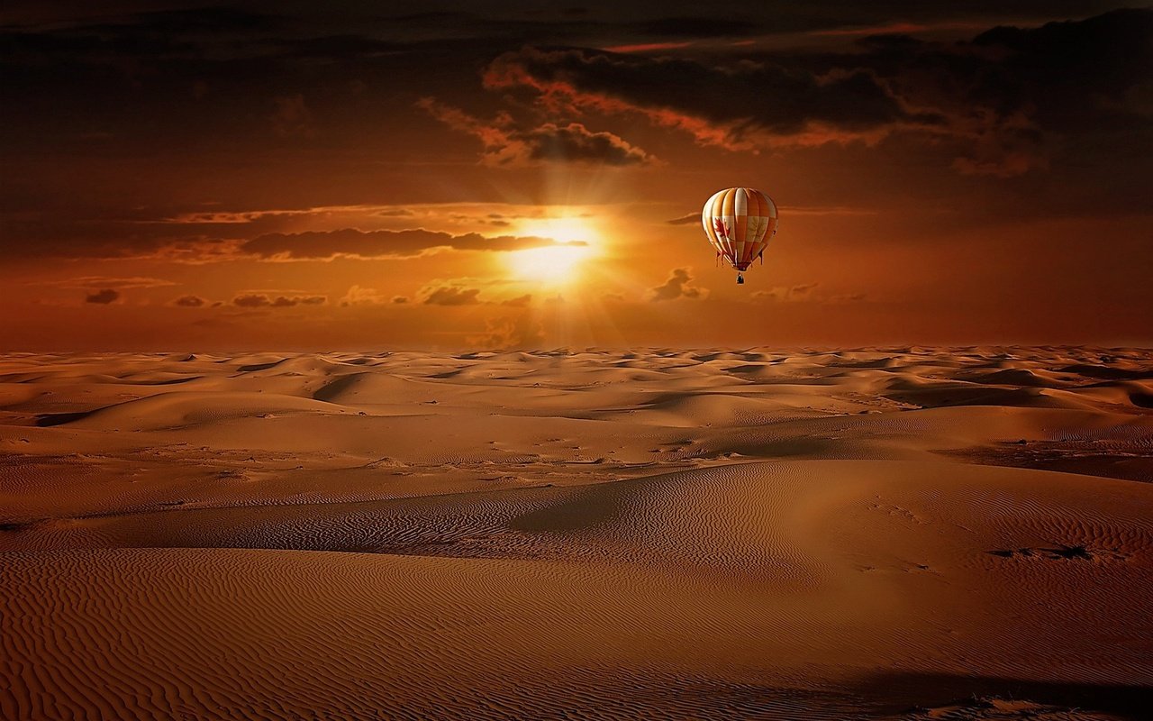 Обои пейзаж, песок, пустыня, воздушный шар, солнечные лучи, landscape, sand, desert, balloon, the sun's rays разрешение 1920x1200 Загрузить