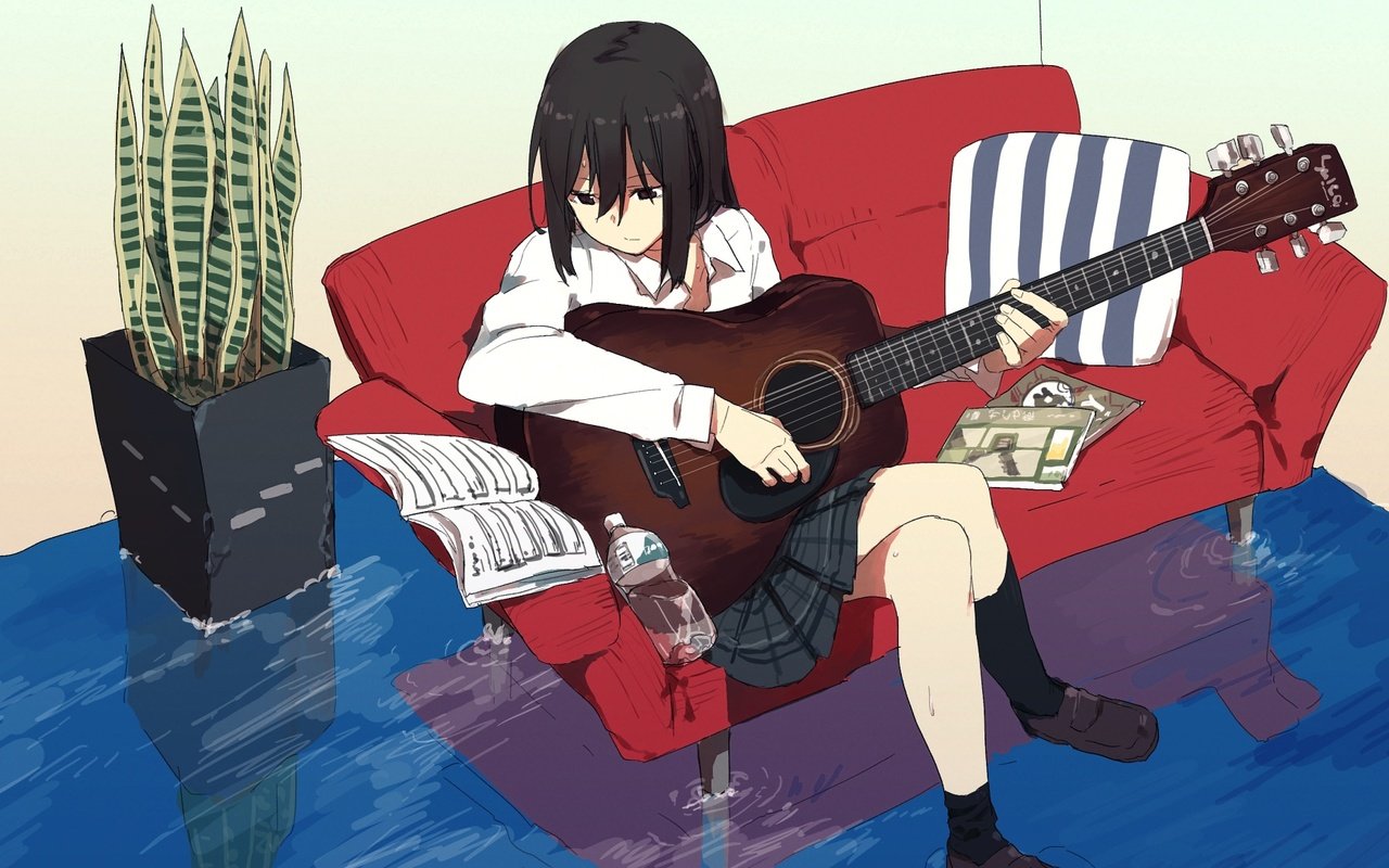 Обои вода, девушка, гитара, взгляд, аниме, волосы, лицо, диван, water, girl, guitar, look, anime, hair, face, sofa разрешение 1920x1080 Загрузить