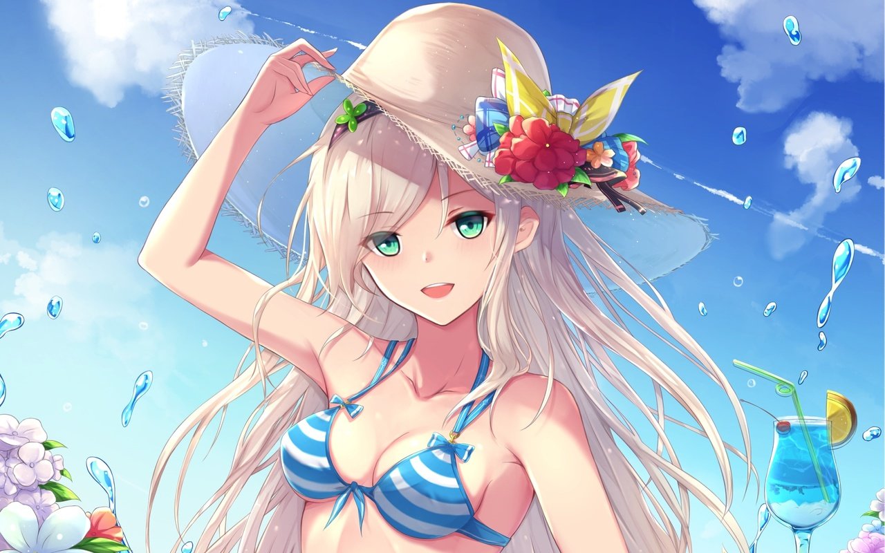 Обои праздник,  бикини, летнее, веселая, аниме девочка, holiday, bikini, summer, fun, anime girl разрешение 1920x1359 Загрузить