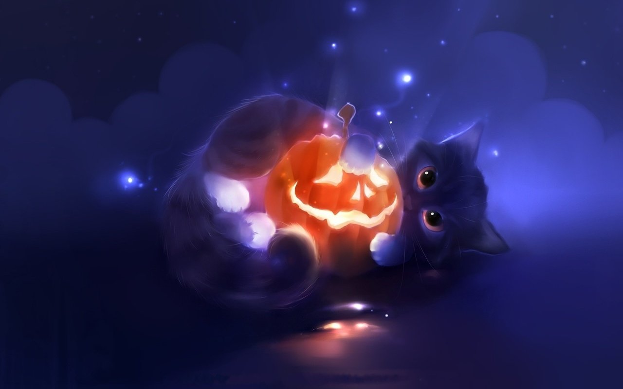 Обои арт, кот, мордочка, кошка, котенок, хеллоуин, тыква, art, cat, muzzle, kitty, halloween, pumpkin разрешение 1920x1080 Загрузить