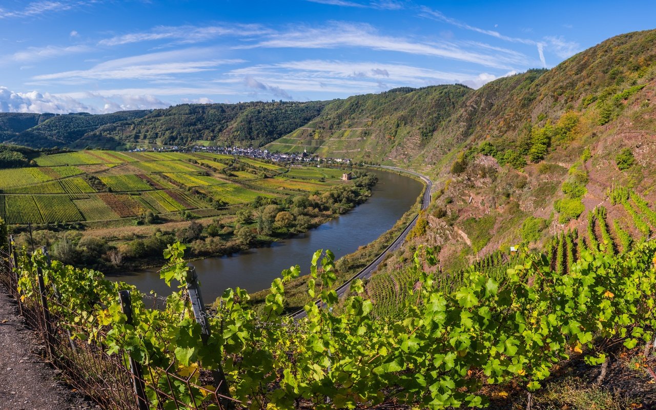 Обои небо, холмы, пейзаж, речка, германия, виноградники, the sky, hills, landscape, river, germany, the vineyards разрешение 5120x3003 Загрузить