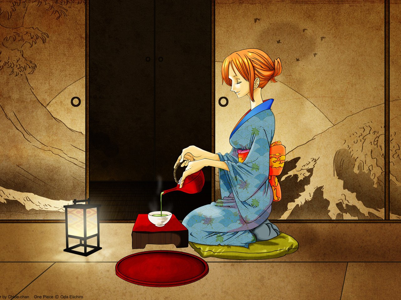 Обои комната, чай, кимоно, one piece, nami, японская одеда, room, tea, kimono, japanese oded разрешение 1920x1200 Загрузить