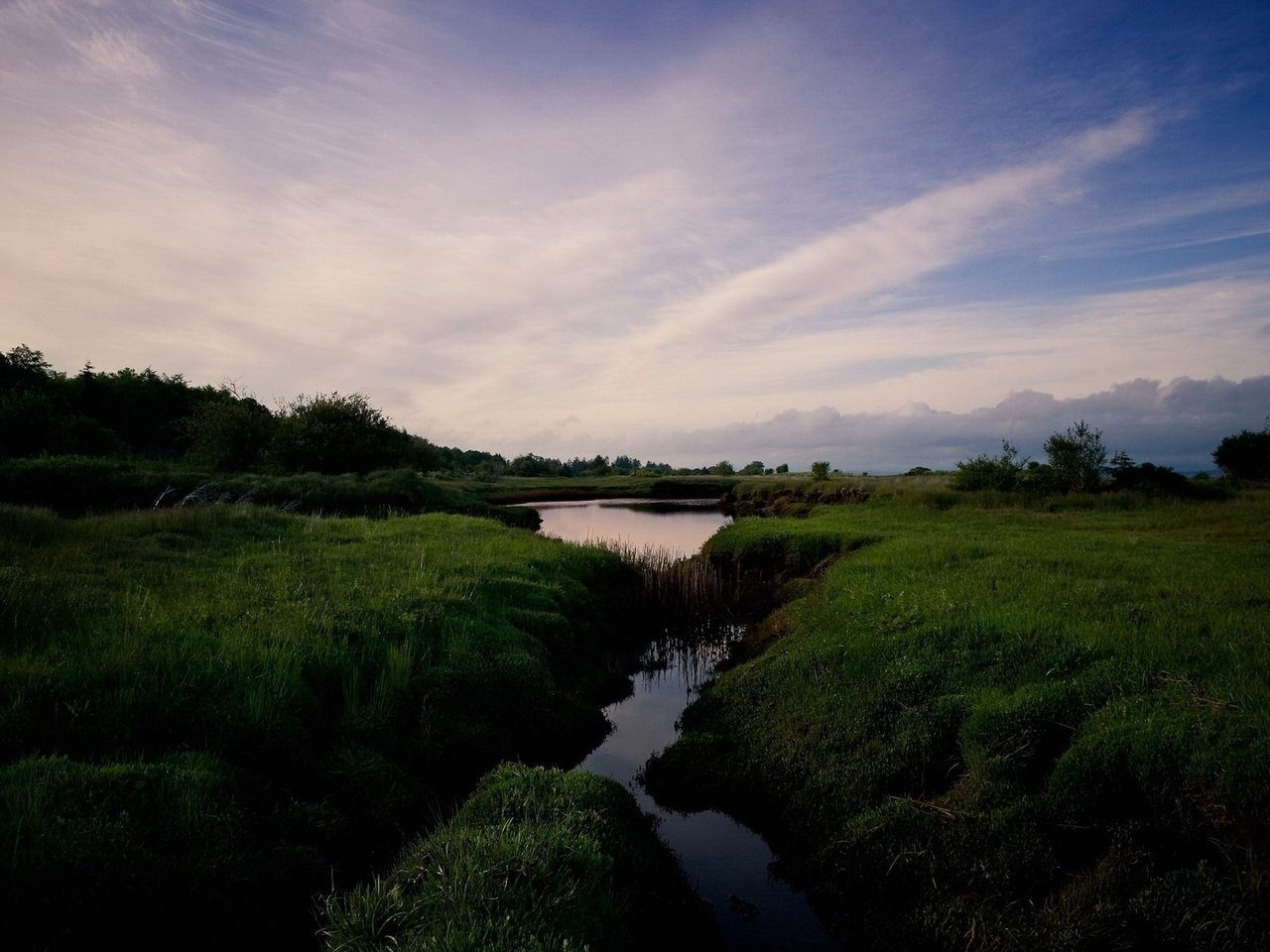 Обои трава, облака, ручей, grass, clouds, stream разрешение 1920x1200 Загрузить