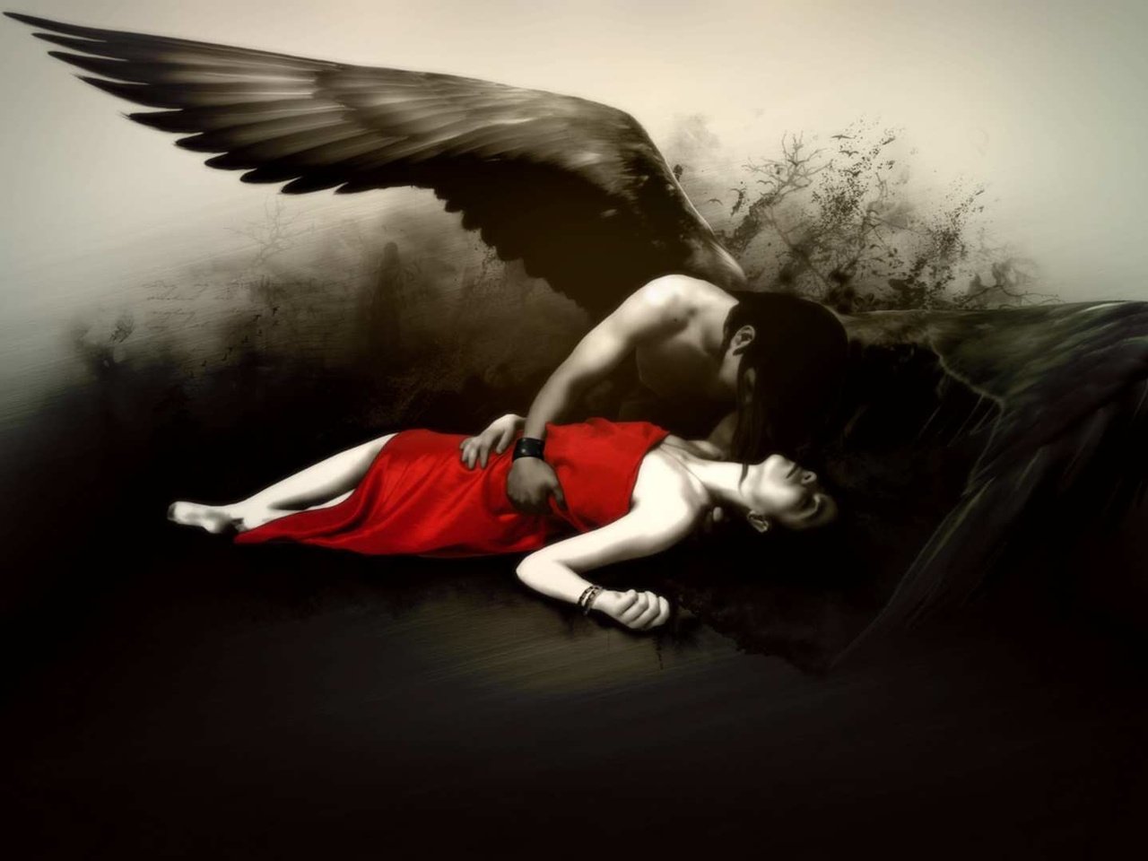 Обои девушка, черно-белая, ангел, красное платье, girl, black and white, angel, red dress разрешение 1920x1080 Загрузить