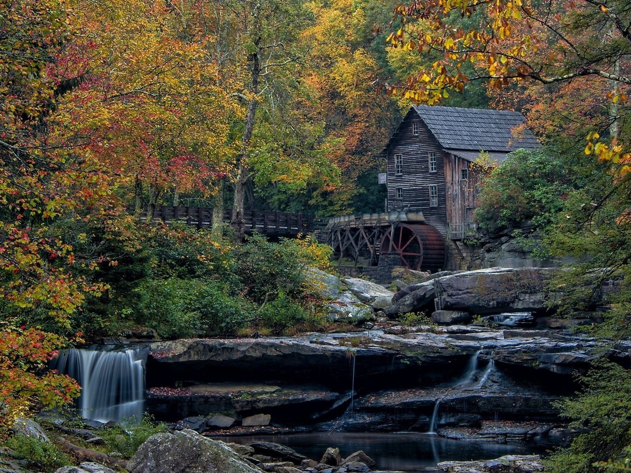 Обои мельница в осеннем лесу, mill in autumn forest разрешение 2560x1440 Загрузить