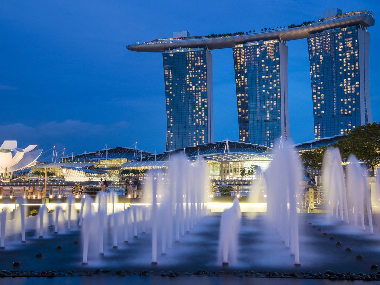 Обои огни, архитектура, голубая, фонтаны, неба, высотки, сингапур, gardens by the bay, ноч, night, lights, architecture, blue, fountains, sky, skyscrapers, singapore разрешение 1920x1080 Загрузить