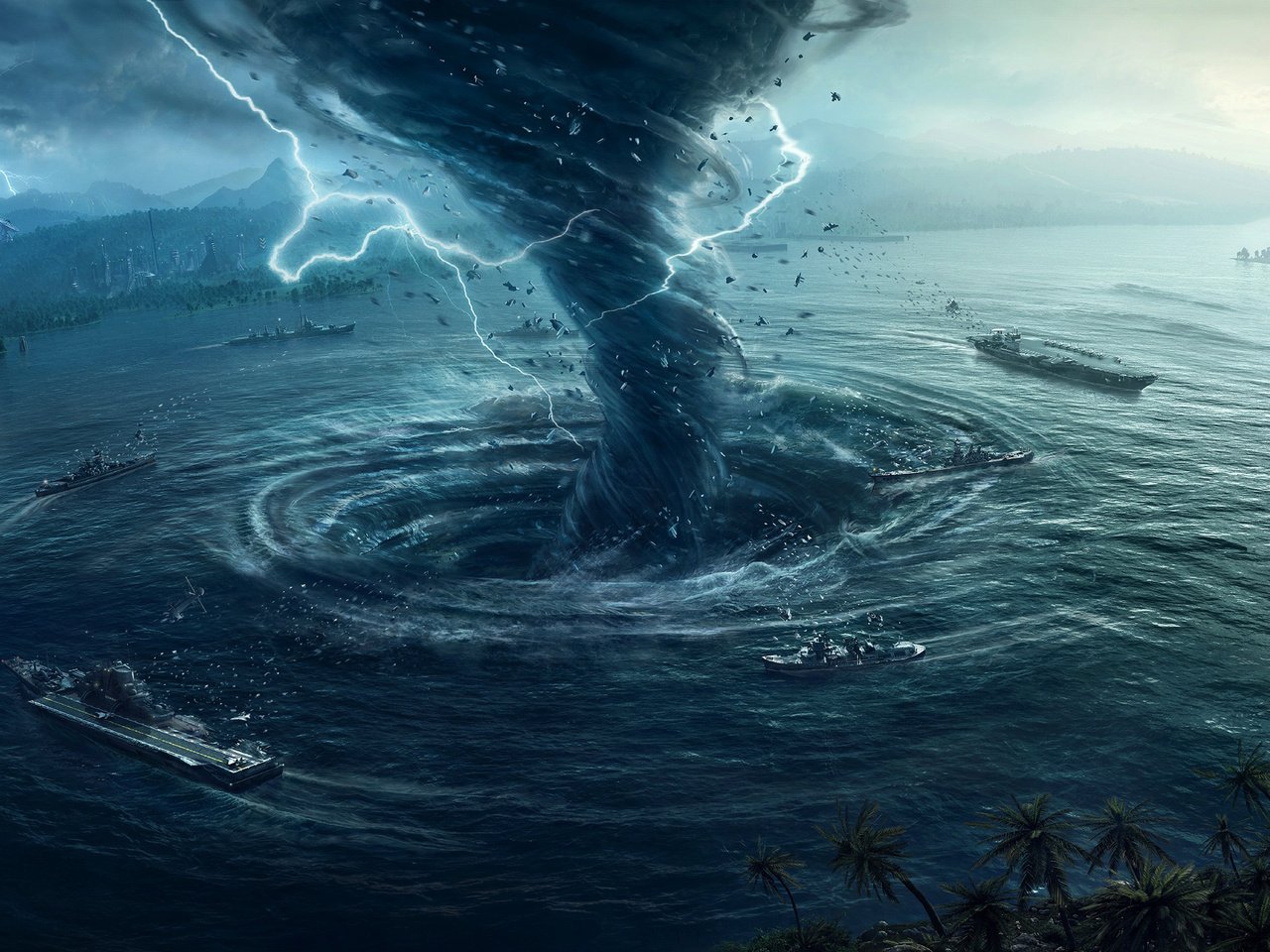 Обои вода, корабли, молния, графика, смерч, 3д, water, ships, lightning, graphics, tornado, 3d разрешение 2560x1440 Загрузить