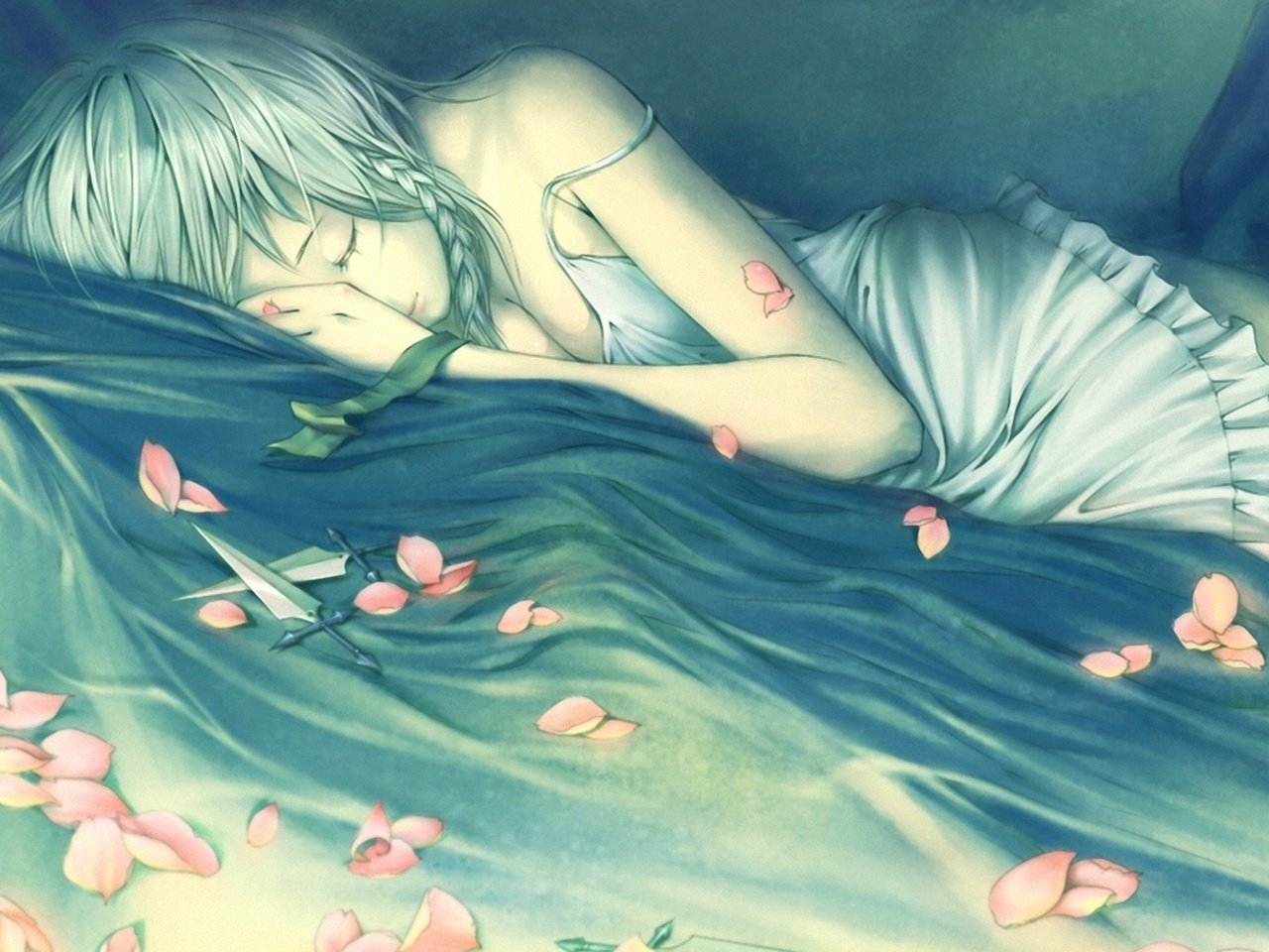 Обои рисунок, девушка, лепестки, спит, нож, постель, лежа, косички, figure, girl, petals, sleeping, knife, bed, lying, braids разрешение 1920x1080 Загрузить