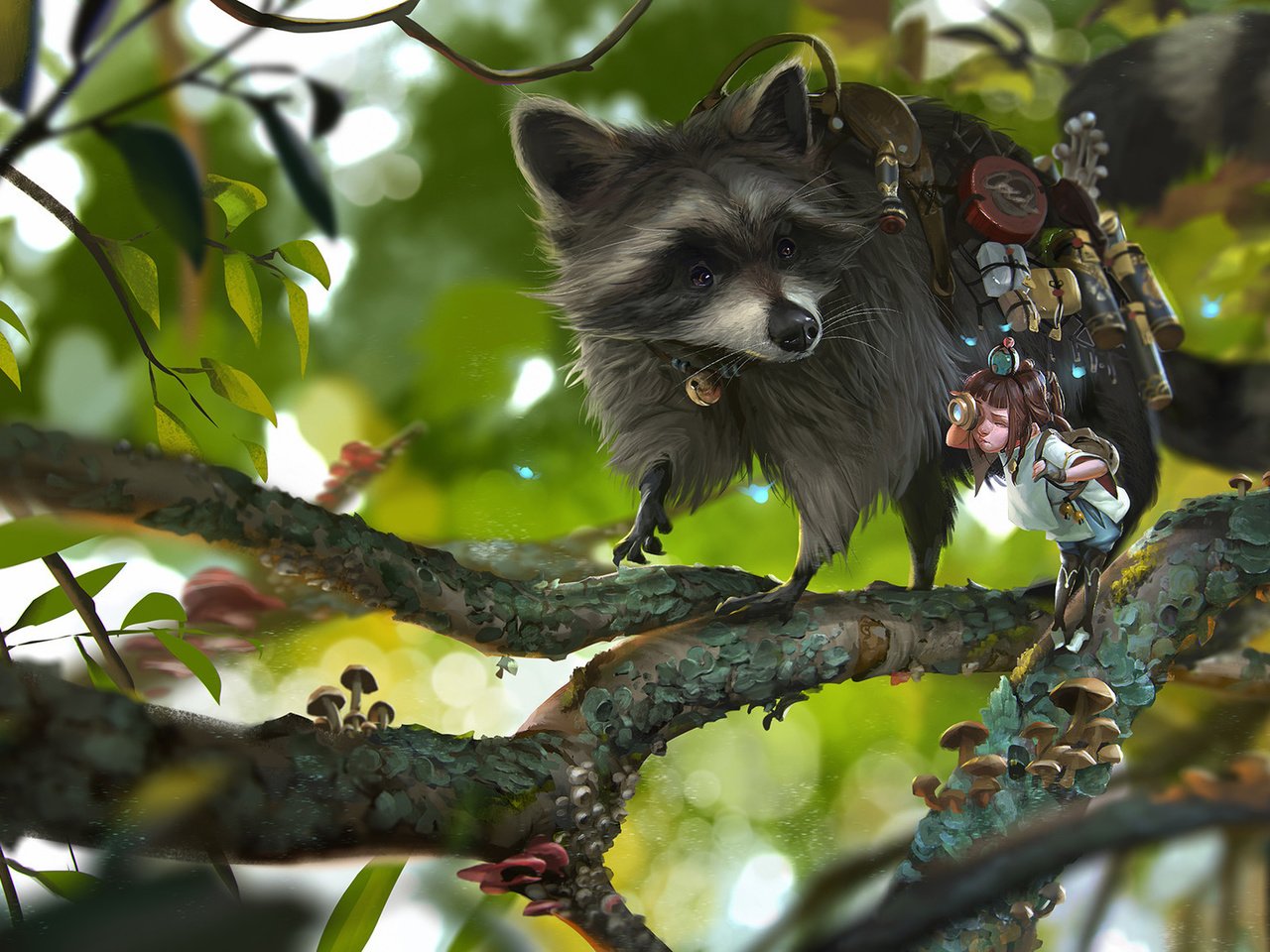 Обои ветки, девочка, енот, rudy siswanto, shipper, branches, girl, raccoon разрешение 1920x1122 Загрузить