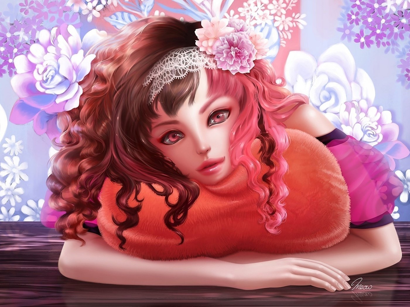 Обои цветы, арт, девушка, кудри, волосы, лицо, подушка, кружево, flowers, art, girl, curls, hair, face, pillow, lace разрешение 1920x1392 Загрузить