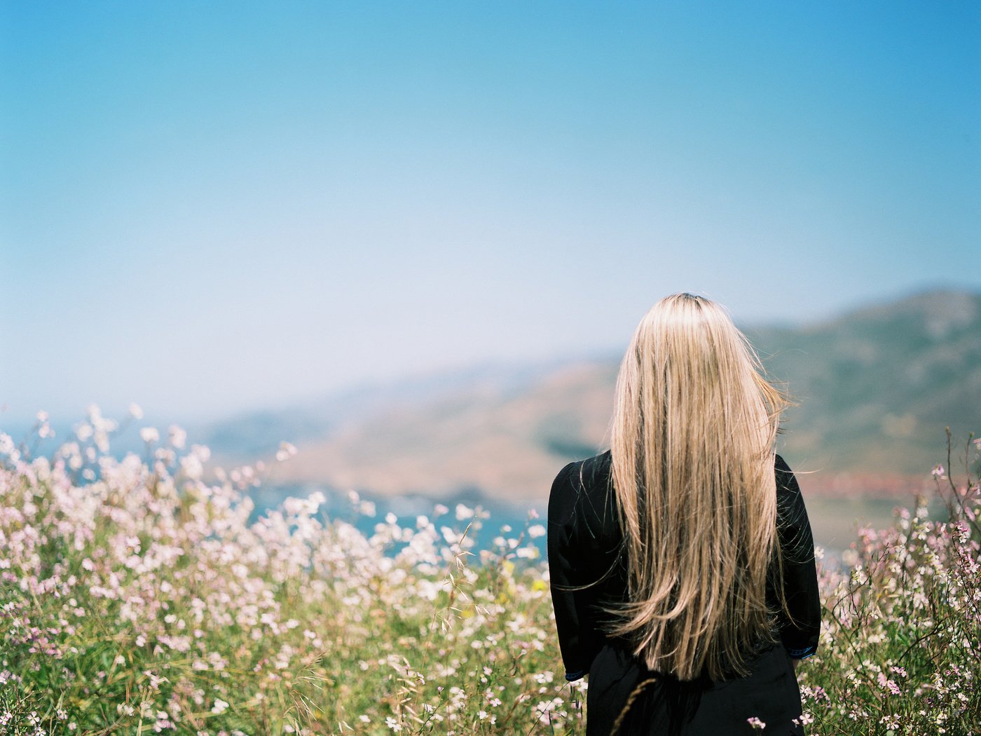 Обои небо, цветы, девушка, блондинка, волосы, the sky, flowers, girl, blonde, hair разрешение 2048x1643 Загрузить