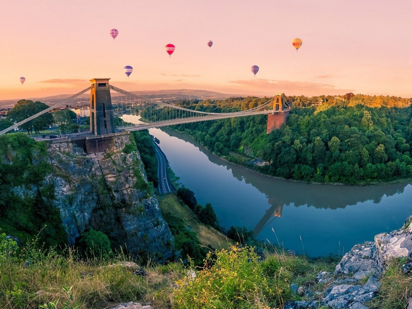 Обои небо, река, природа, шары, гора, мост, the sky, river, nature, balls, mountain, bridge разрешение 1920x1200 Загрузить