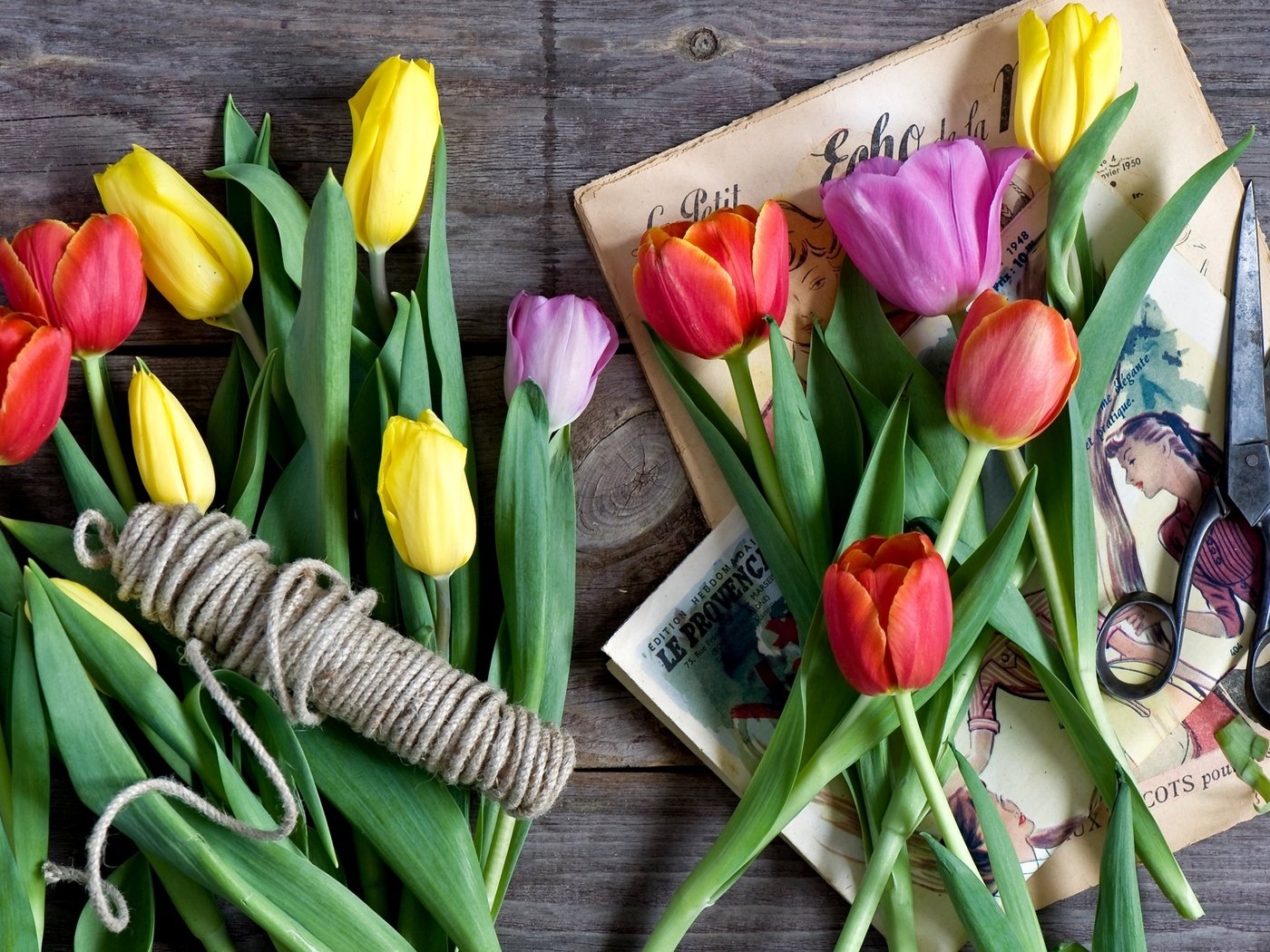 Обои весна, тюльпаны, картинки, ножницы, бечевка, spring, tulips, pictures, scissors, string разрешение 2000x1305 Загрузить
