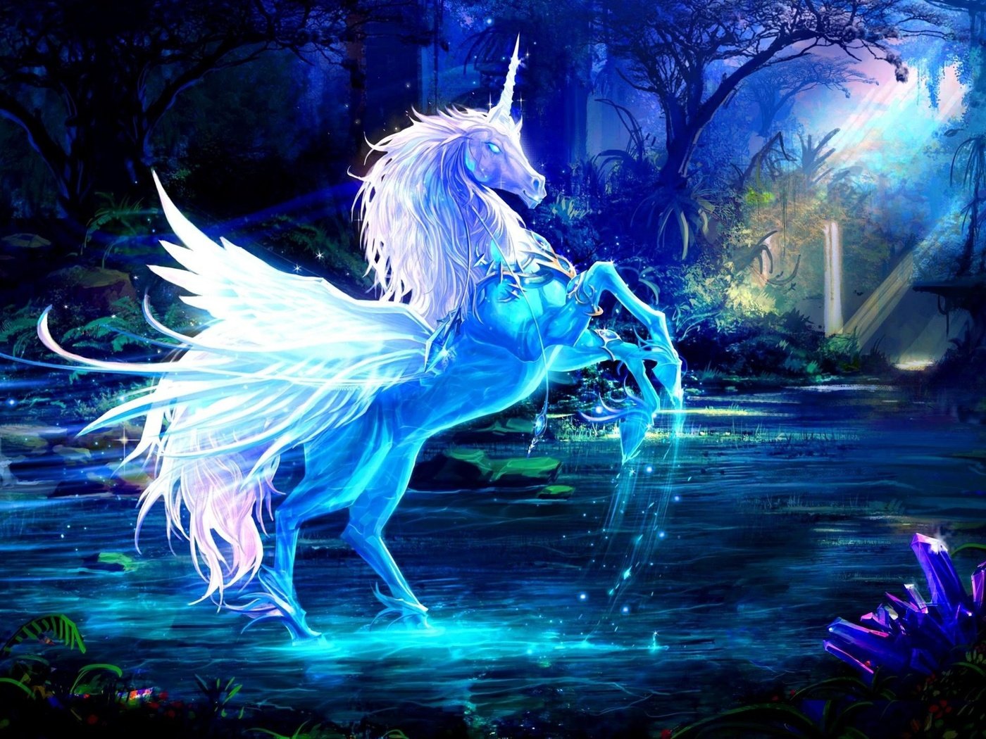 Обои синий, крылья, единорог, рог, водный, blue, wings, unicorn, horn, water разрешение 2560x1440 Загрузить