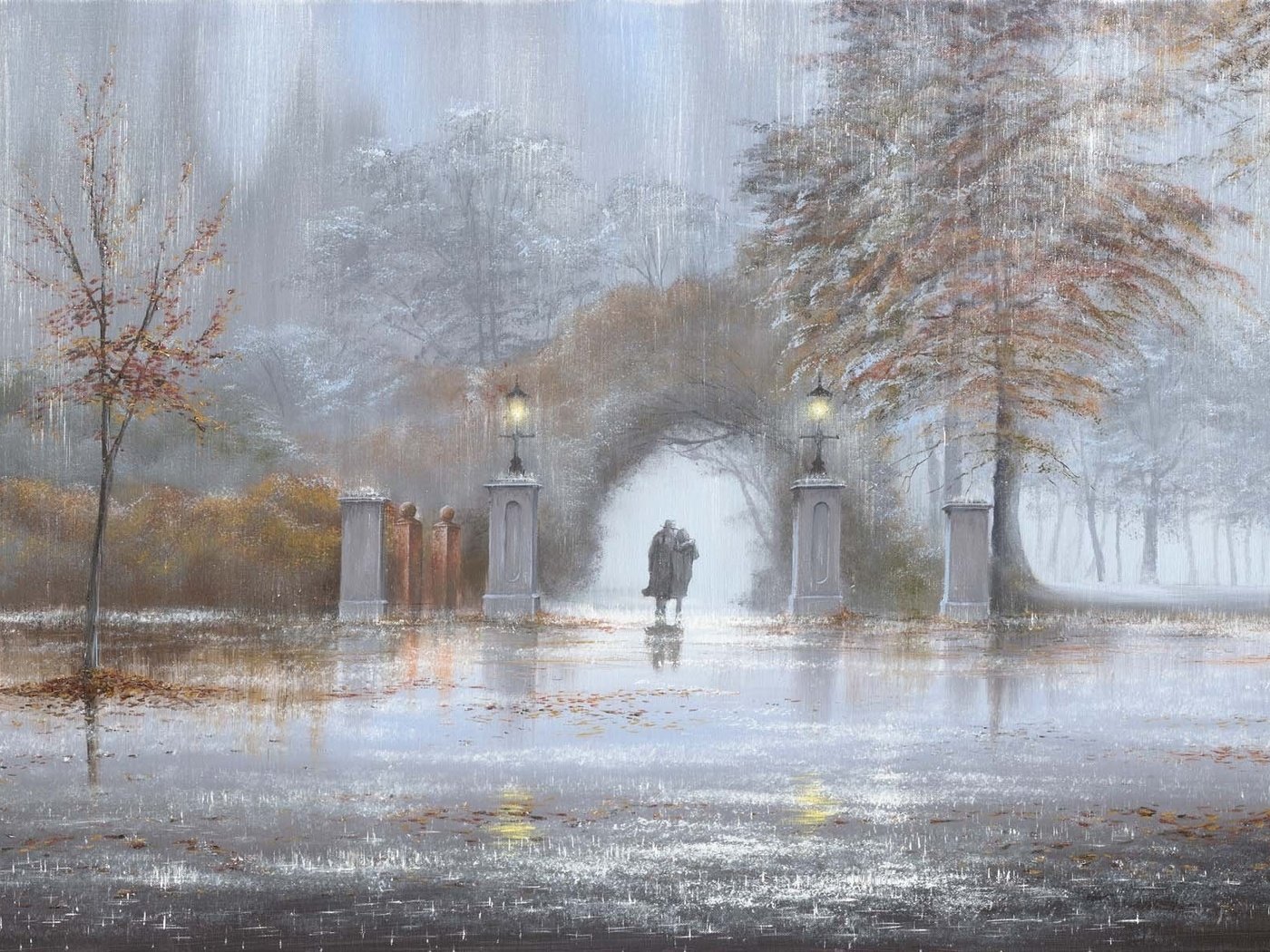 Обои картина, парк, осень, дождь, двое, jeff rowland, picture, park, autumn, rain, two разрешение 1920x1200 Загрузить