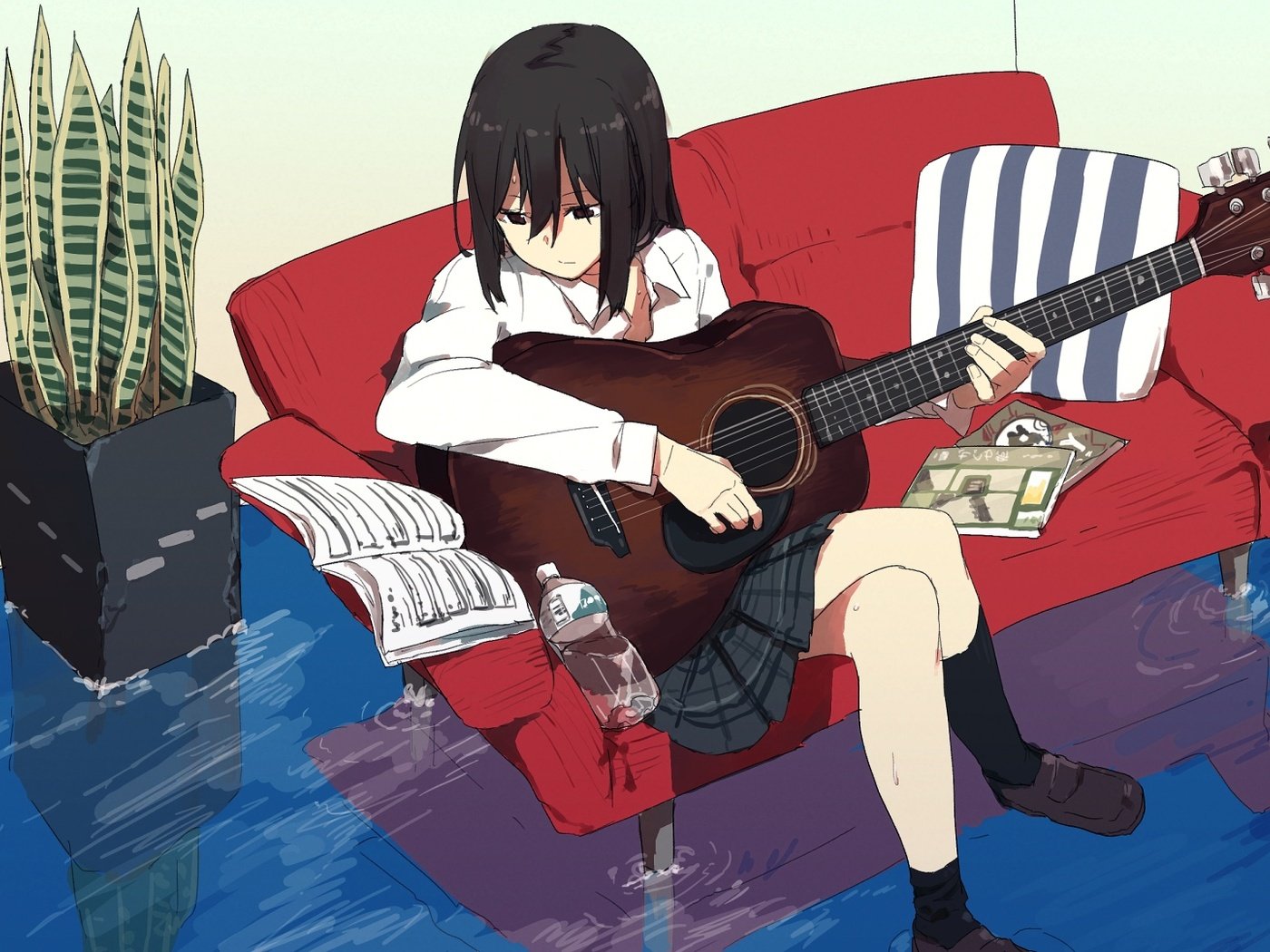 Обои вода, девушка, гитара, взгляд, аниме, волосы, лицо, диван, water, girl, guitar, look, anime, hair, face, sofa разрешение 1920x1080 Загрузить