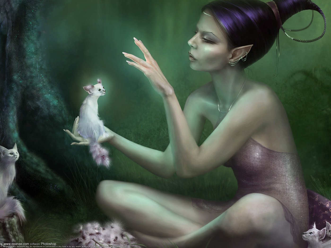 Обои лес, девушка, фея, кошки, эльф, эльфийка, эльфика, forest, girl, fairy, cats, elf, elfika разрешение 1920x1080 Загрузить