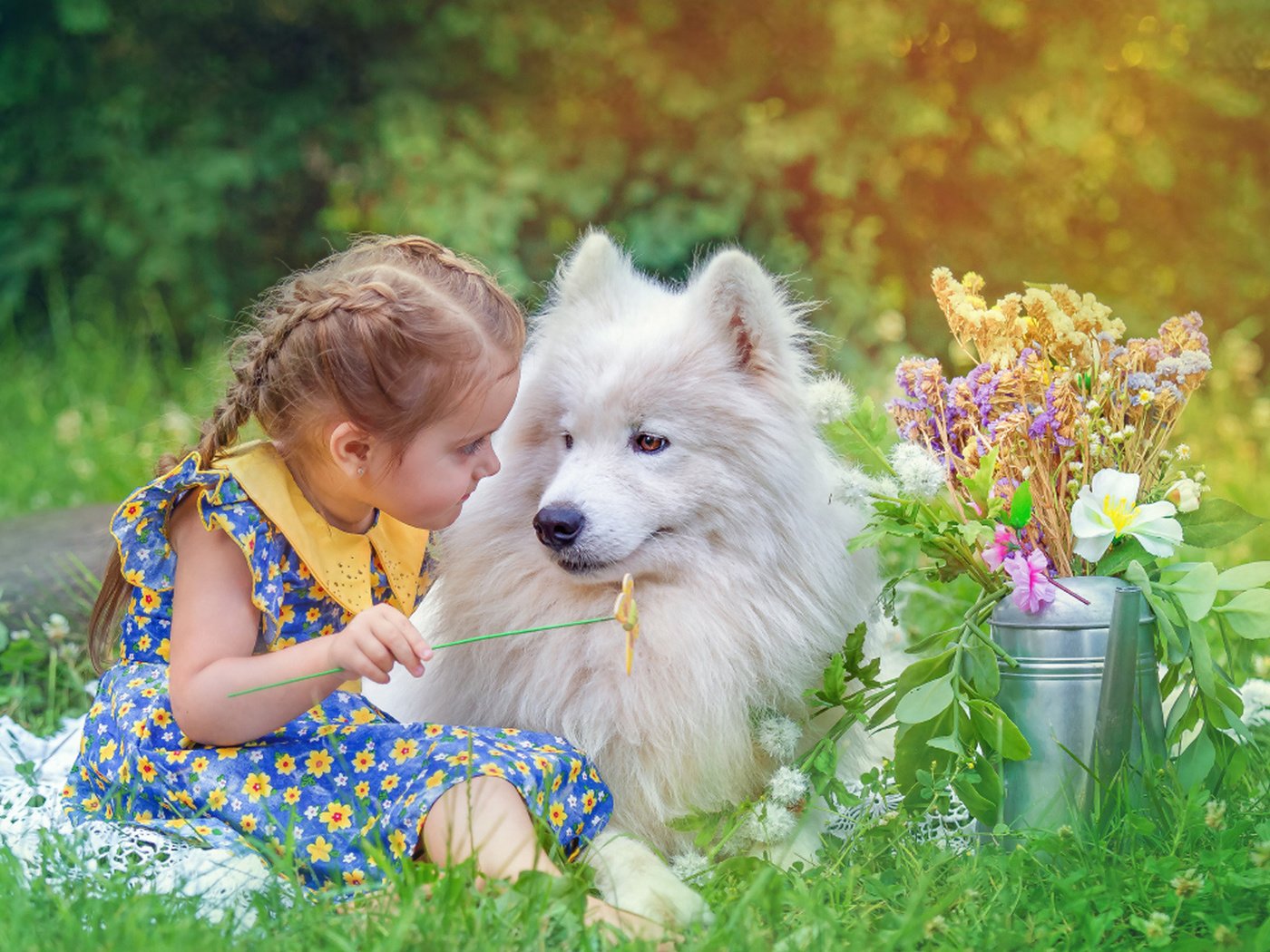 Обои цветы, трава, природа, собака, дети, девочка, животное, друзья, flowers, grass, nature, dog, children, girl, animal, friends разрешение 1920x1200 Загрузить