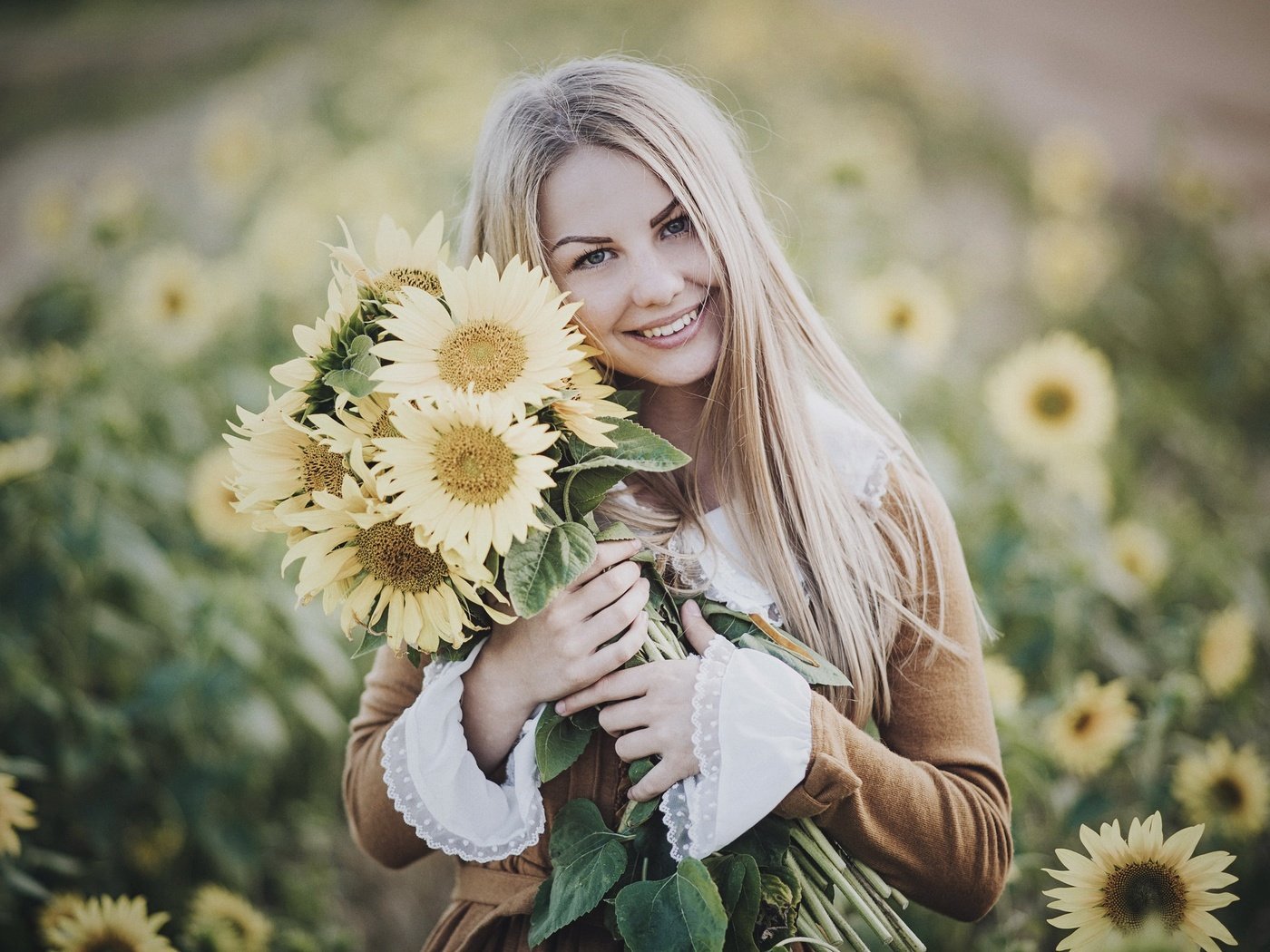 Обои девушка, подсолнухи, блондинка, желтые цветы, улыбка, sara, взгляд, модель, волосы, букет, лицо, girl, sunflowers, blonde, yellow flowers, smile, look, model, hair, bouquet, face разрешение 2048x1367 Загрузить