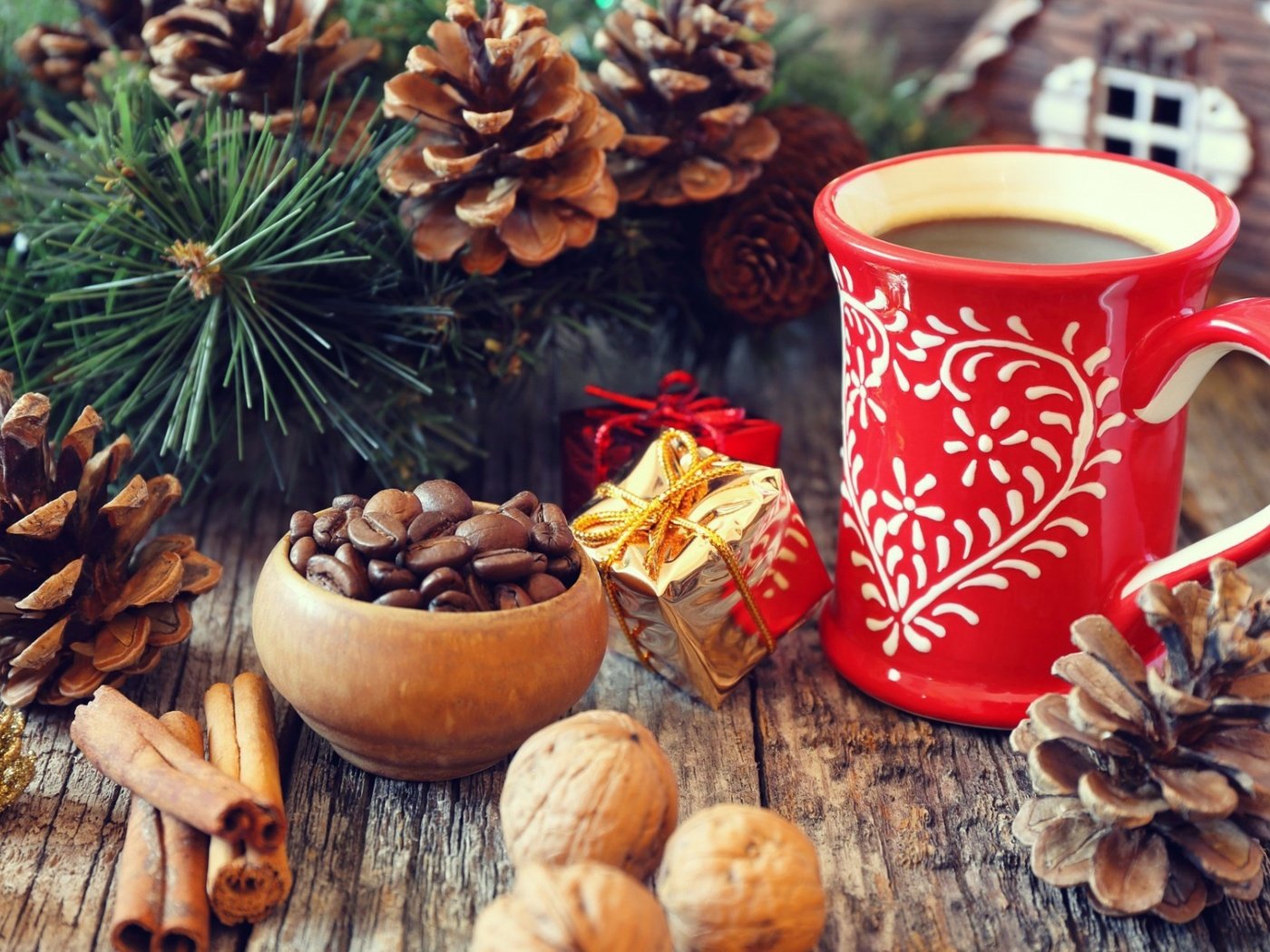 Обои рождество, новый год, шишки, елка, специи, орехи, ветки, корица, кофе, кружка, праздник, christmas, new year, bumps, tree, spices, nuts, branches, cinnamon, coffee, mug, holiday разрешение 1920x1200 Загрузить