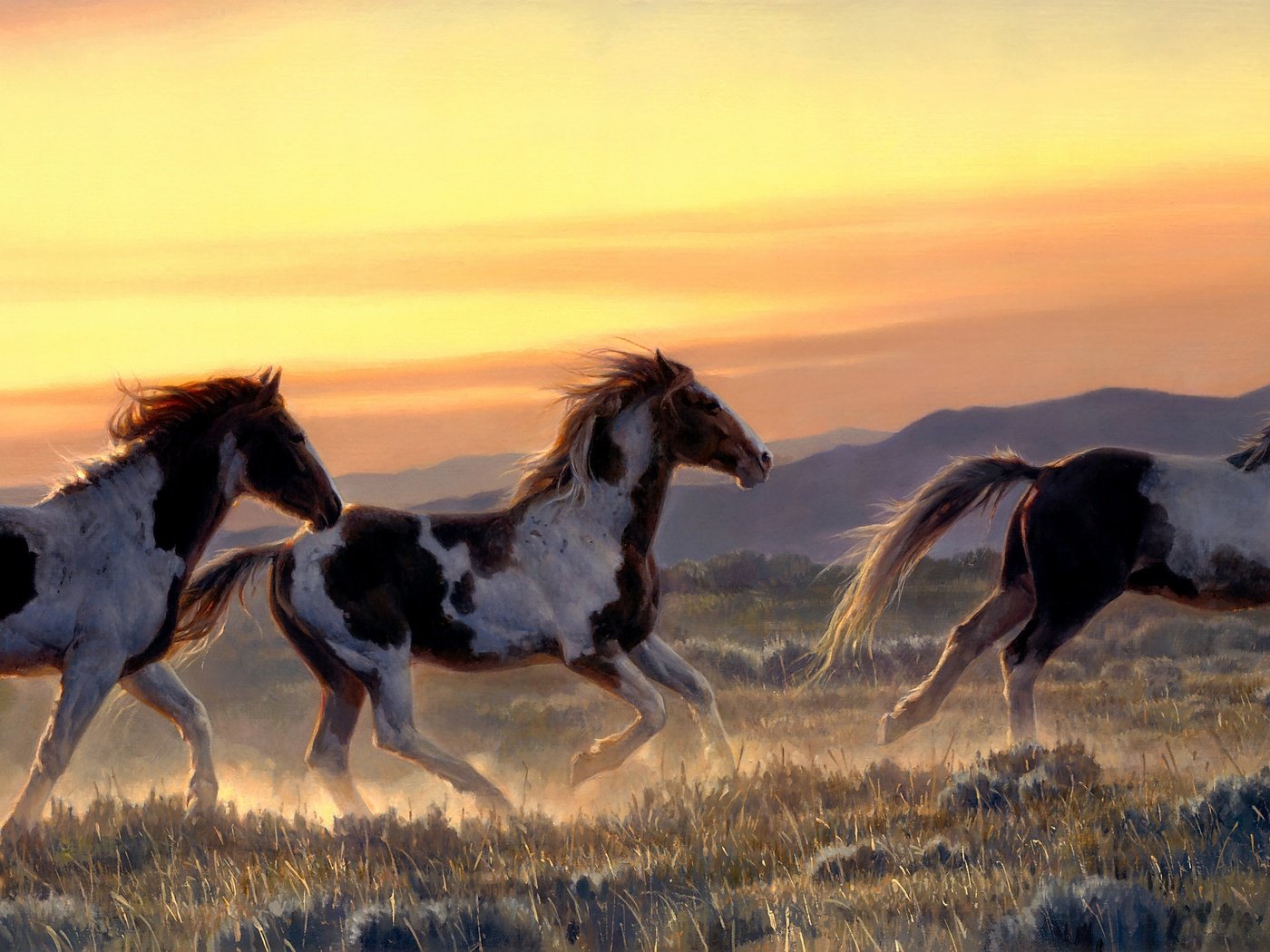 Обои nancy glazier, небо, арт, горы, поле, рассвет, лошади, кони, бег, the sky, art, mountains, field, dawn, horse, horses, running разрешение 4724x2224 Загрузить