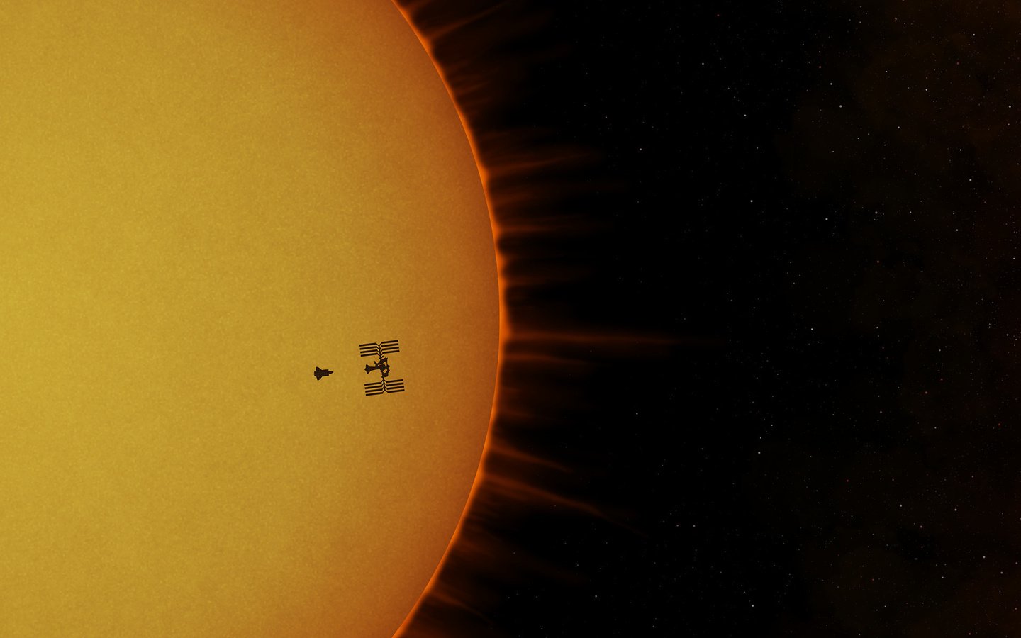 Обои солнце, мкс, космическая станция, атлантис, the sun, iss, space station, atlantis разрешение 1920x1440 Загрузить