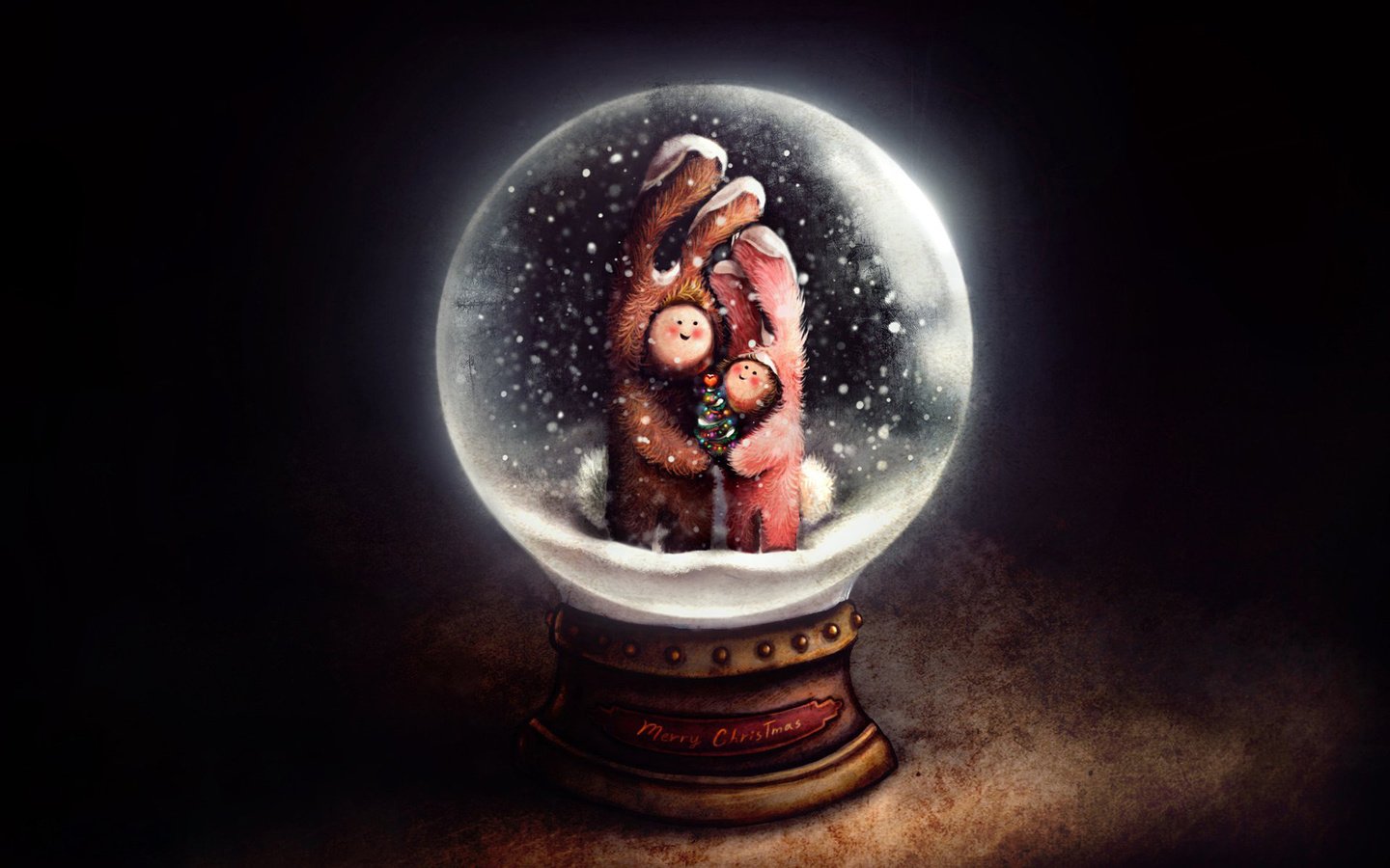 Обои снег, елка, шар, кролики, рождество, костюмы, стеклянный шар, snow, tree, ball, rabbits, christmas, costumes, glass globe разрешение 1920x1200 Загрузить