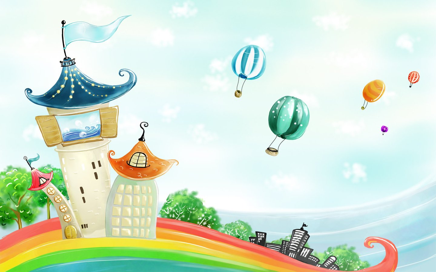 Обои домики, радуга, воздушные шары, houses, rainbow, balloons разрешение 1920x1200 Загрузить