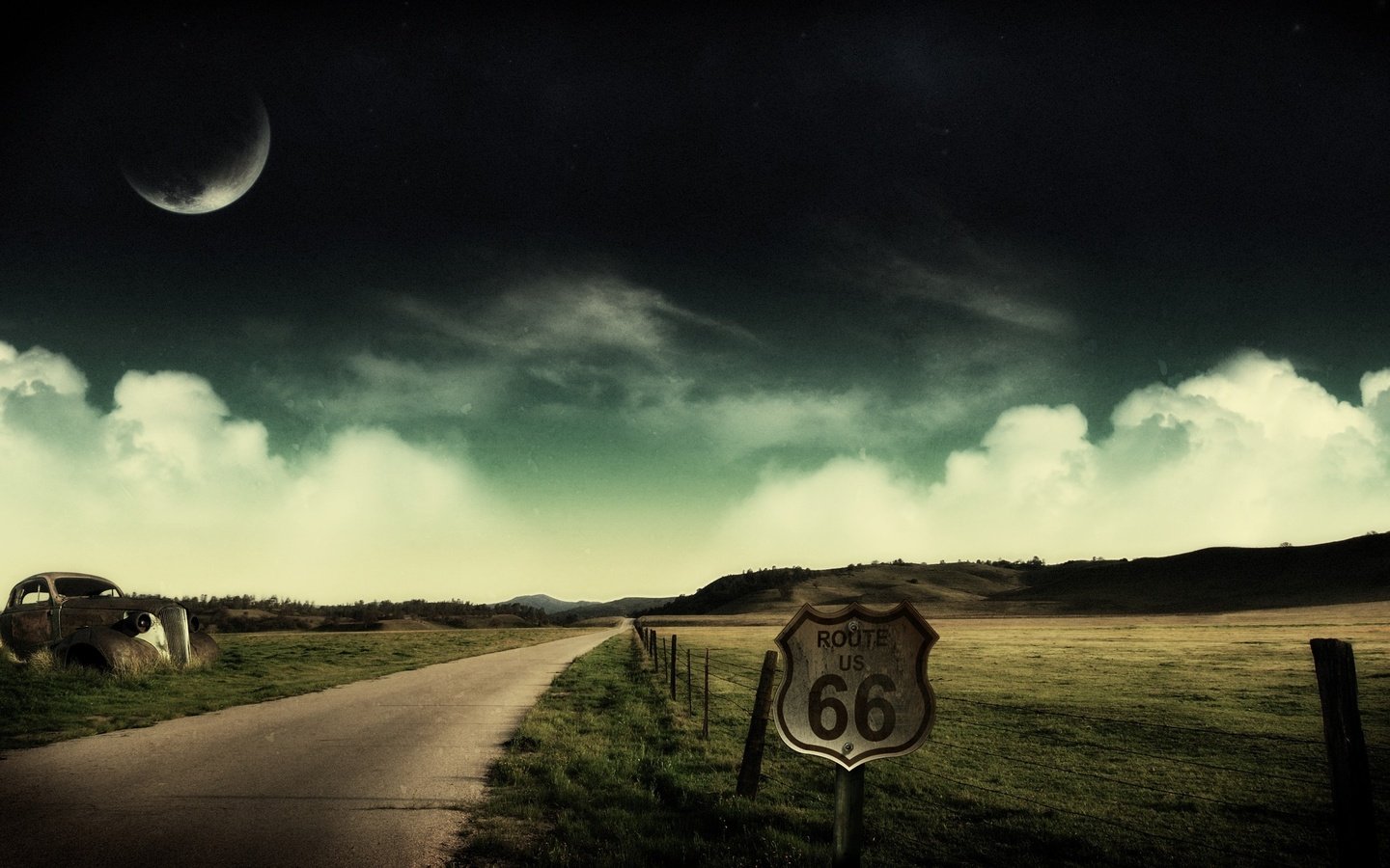 Обои дорога, облака, луна, коллаж, road, clouds, the moon, collage разрешение 2560x1600 Загрузить