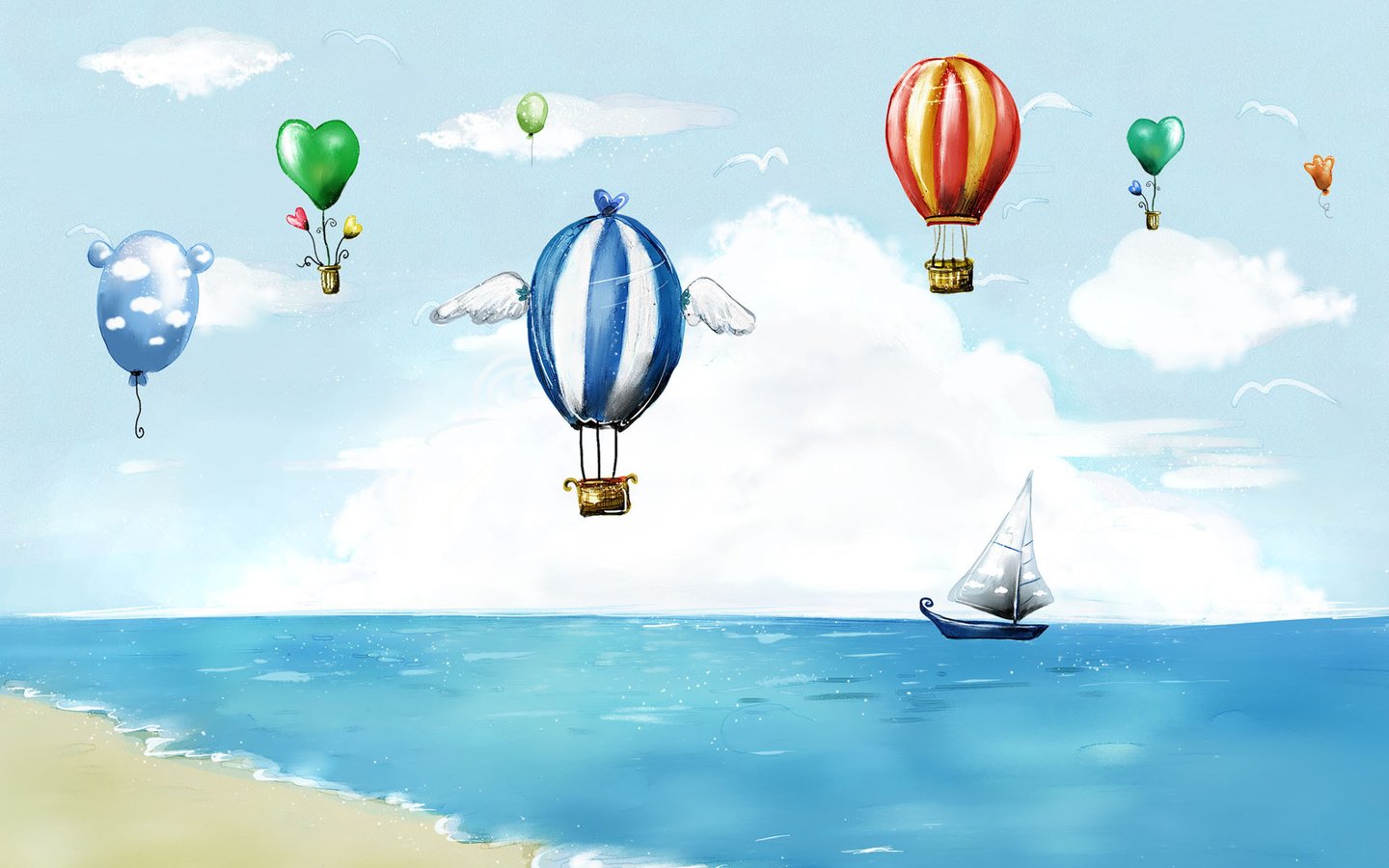 Обои лодка, небо, воздушный шар, рисунок, парус, облака, детская, шары, обои, стиль, море, полет, boat, the sky, balloon, figure, sail, clouds, children's, balls, wallpaper, style, sea, flight разрешение 1920x1200 Загрузить